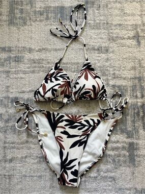 Target White Tropical Print Tie-Side Bikini with Black and Brown Leaves